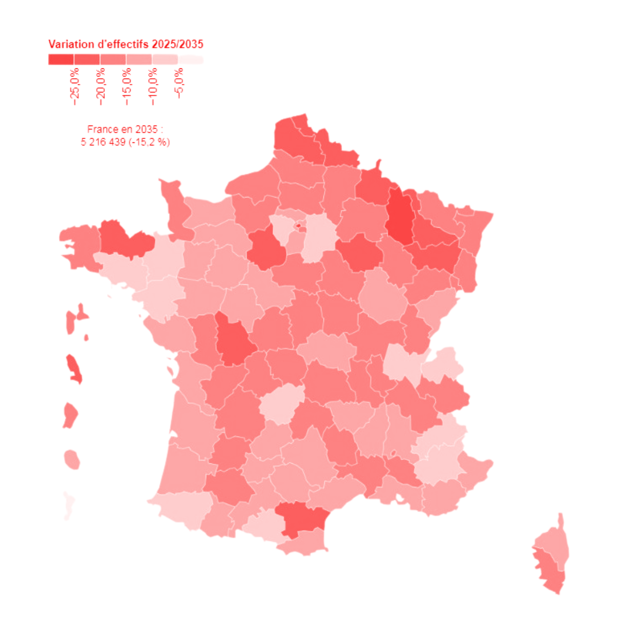 Évolution des effectifs d'élèves (maternelle & primaire) entre 2025 et 2035, par département. Source : Carte Ouest France - Ministère de l’Éducation nationale - constat de rentrée 2025 - Insee estimations de population; calculs DEPP