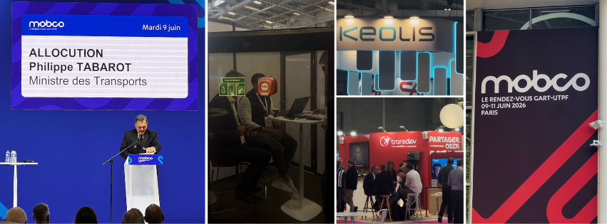 Photos du salon MOBCO 2026 montrant les conférences, les stands d’acteurs du transport public et la présence de BREAKEE autour des enjeux de sécurité des bus et autocars.